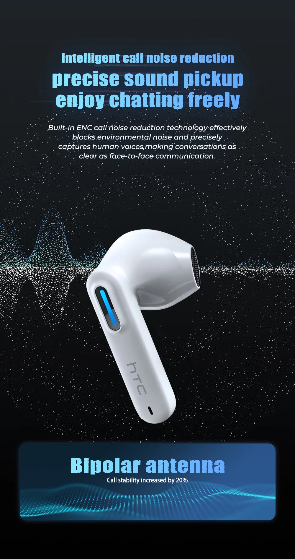 HTC NE49 Bluetooth 6.0 True Wireless Earbuds Gaming Headphones with HiFi Deep Bass, IPX5 Waterproof Bluetooth Earbuds, Low Latency Wireless Earphones