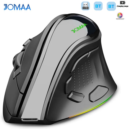 JOMAA RGB Rechargeable Wireless Ergonomic Mouse, Bluetooth & 2.4G Vertical Wireless Mouse with 5 Side Buttons, 8400 DPI for PC, Laptop & Mac