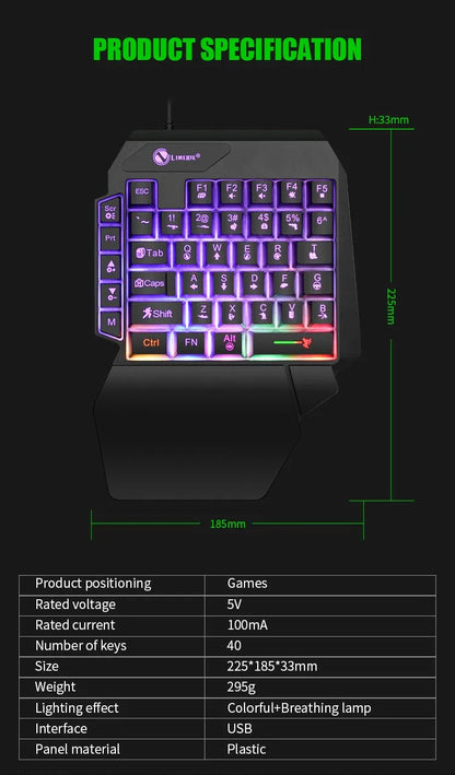 Teclado mini gaming de una mano con 35 teclas, USB, ultradelgado, con cable y retroiluminación, para portátil, PC de sobremesa y smartphone