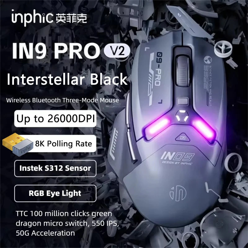 Inphic IN9PRO Wireless Gaming Mouse 26000 DPI Tri-Mode Bluetooth RGB Ergonomic Gaming Mouse with PAW3395 Sensor & 8K Polling Support