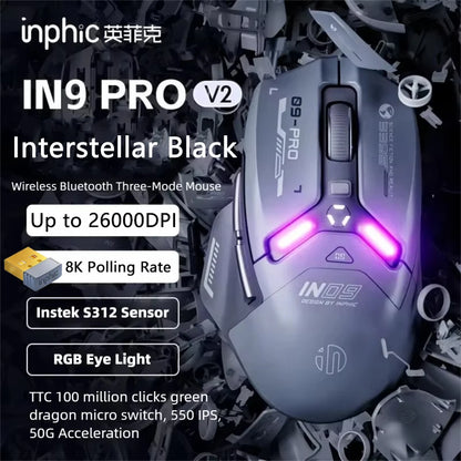 Inphic IN9PRO Wireless Gaming Mouse 26000 DPI Tri-Mode Bluetooth RGB Ergonomic Gaming Mouse with PAW3395 Sensor & 8K Polling Support
