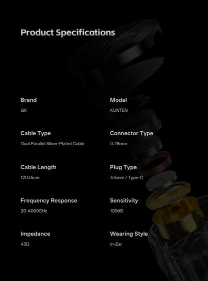 GK KUNTEN HiFi Dynamic Driver Earphones Wired In-Ear Headphones with Microphone, Detachable Cable DJ Music Earbuds, Professional HiFi Audio Earphones