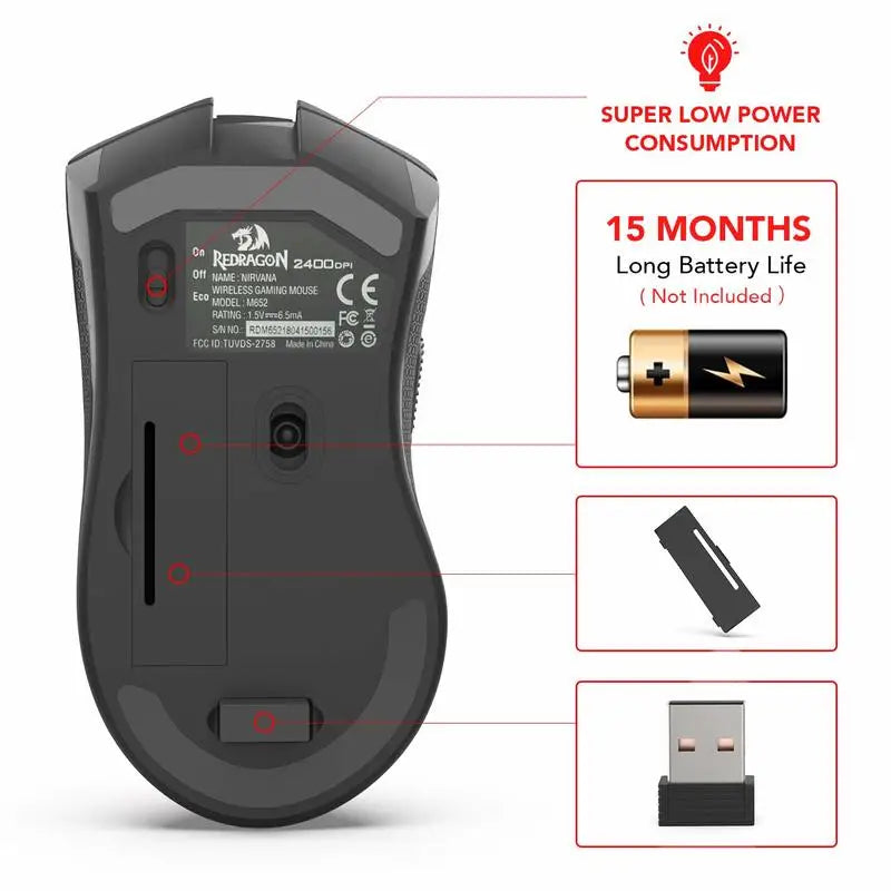 Redragon M652 optički 2.4G bežični miš s USB prijamnikom, prijenosni miš za gaming i ured, 5 podesivih razina DPI-ja