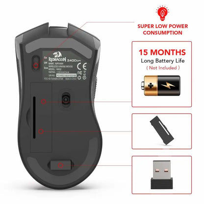 Redragon M652 optički 2.4G bežični miš s USB prijamnikom, prijenosni miš za gaming i ured, 5 podesivih razina DPI-ja