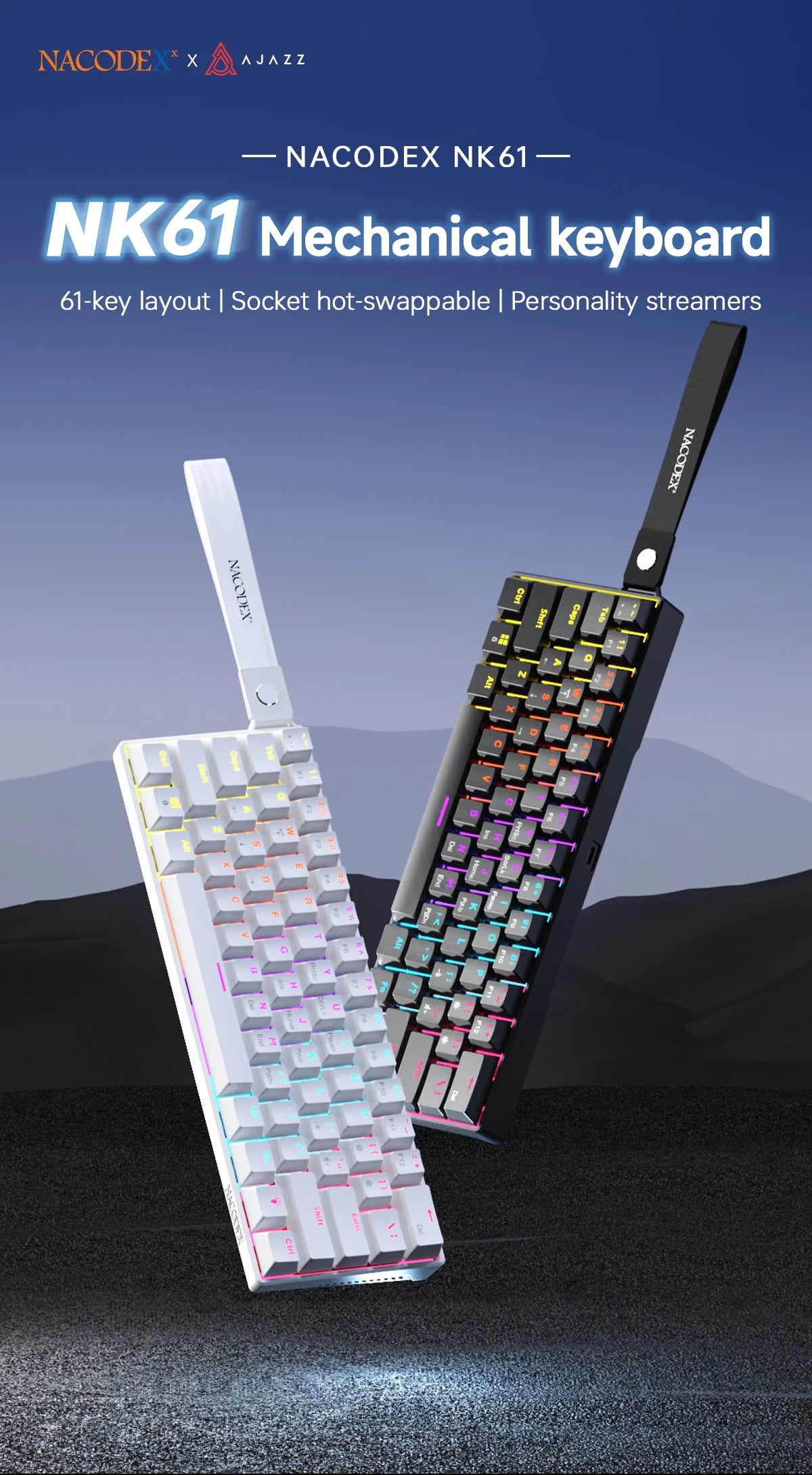 AJAZZ NK61 kabelgebundene mechanische Gaming-Tastatur 60% RGB Hot-Swappable 61 Tasten Red Switch Mini-Tastatur für Gamer-PC