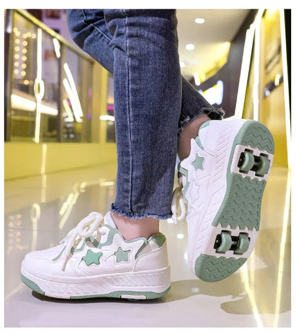 Chaussures de roller pour enfants - Roues rechargeables, couleurs tendance, finition brillante, pour les anniversaires, pour garçons et filles, chaussures décontractées deux-en-un