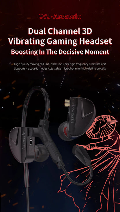 CVJ Assassin Hybrid Gaming Earphones 1DD+1BA Vibration Driver Wired HiFi Headphones with Mic, Type-C & 3.5mm In-Ear Gaming Earphones for E-Sports