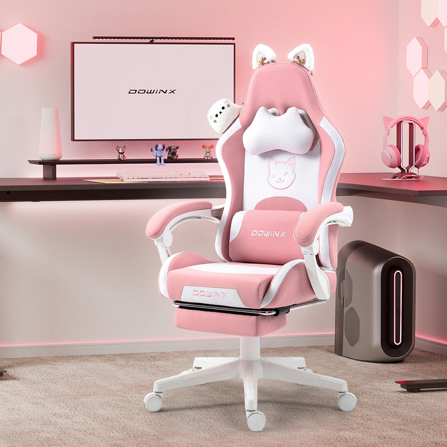 Uroczy fotel gamingowy z kocimi uszami i podnóżkiem, różowy fotel komputerowy kawaii, ergonomiczne siedzisko dla gracza z wysokim oparciem i podparciem lędźwiowym w kształcie kociej łapki
