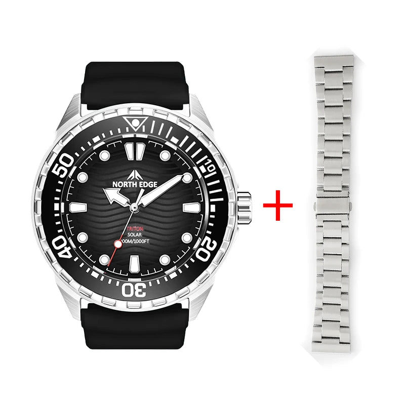 NORTH EDGE New TRITON Solar Powered Dive Watch Men Luxury Quartz Watches For Men 316L Stainless Steel Case Waterproof 300M