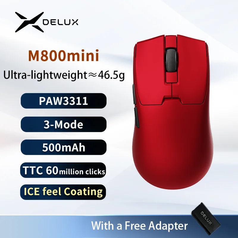 Delux M800mini Wireless Gaming Mouse 46g Lightweight PAW3395 Sensor 26000 DPI, 1000Hz Polling Rate Gaming Mouse for PC Gamer