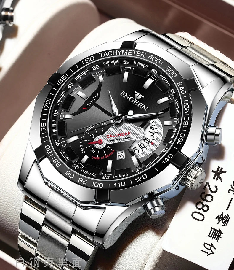 BINBOND luxury quartz wristwatch for men, luminous, water-resistant, automatic date, stainless steel