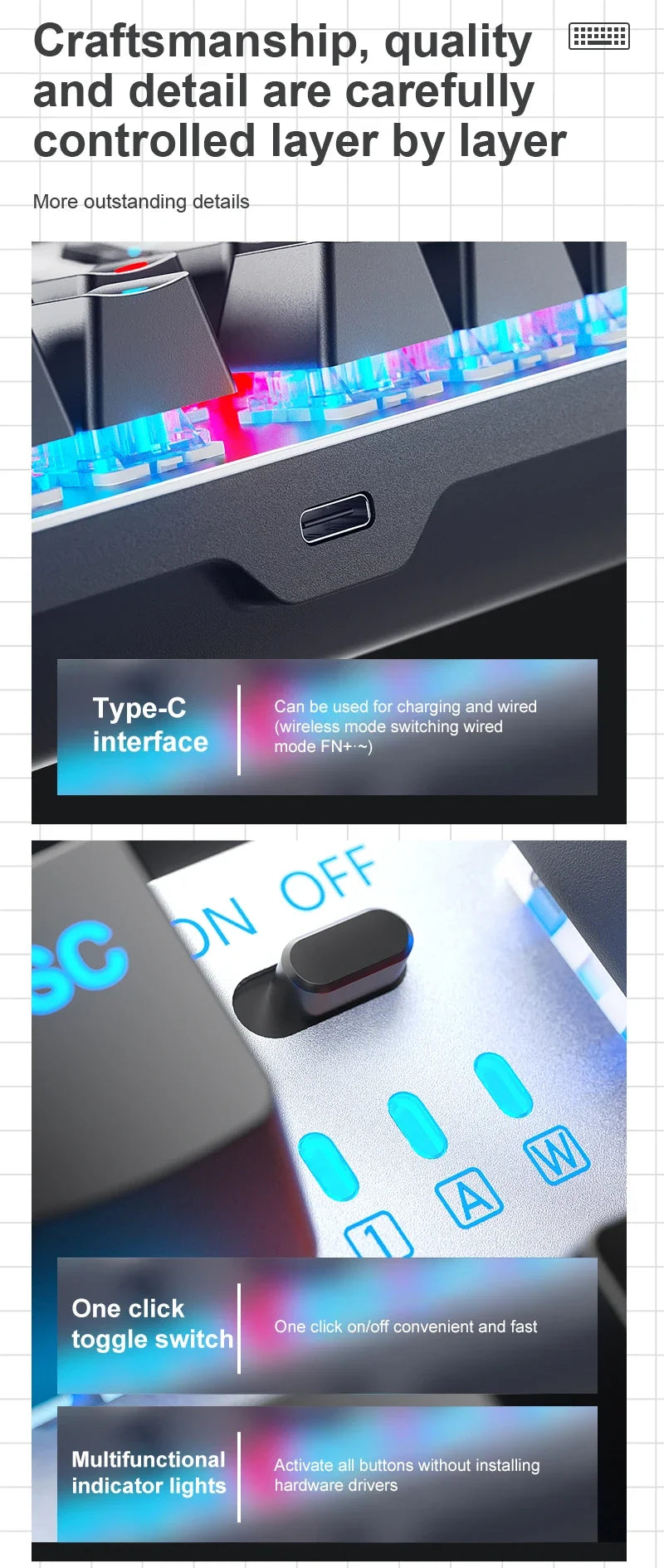 AULA F3001 Mechanical Keyboard Bluetooth Wireless Three Mode Metal Panel Two-color Injection Molding Cool Backlight Effect 87Key