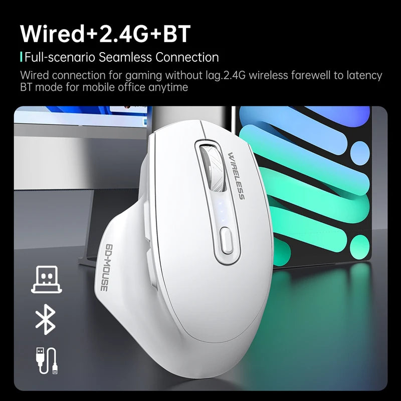 Wireless Tri-Mode Gaming Mouse with Bluetooth & 2.4G Dual Receiver, Rechargeable Wireless Gaming Mouse with Battery Display for PC, Laptop & Office