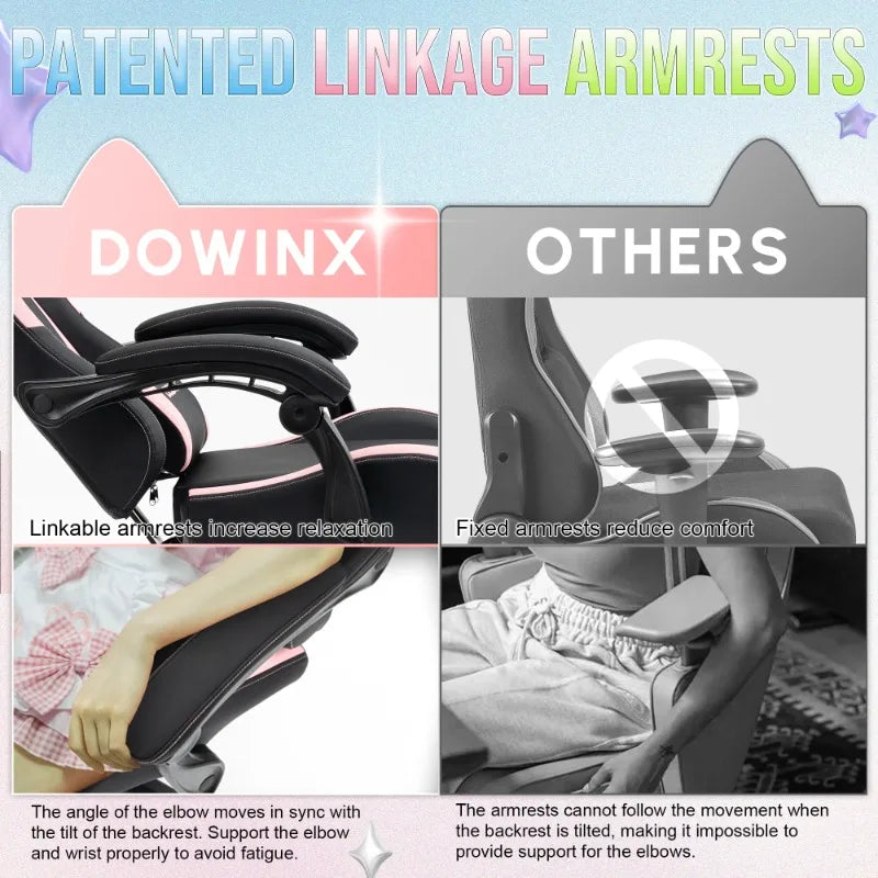 Uroczy fotel gamingowy z kocimi uszami i podnóżkiem, różowy fotel komputerowy kawaii, ergonomiczne siedzisko dla gracza z wysokim oparciem i podparciem lędźwiowym w kształcie kociej łapki