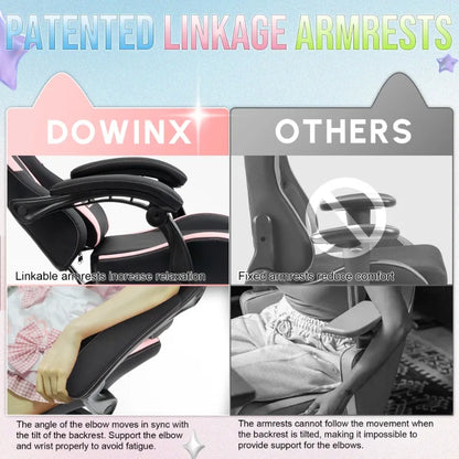 Uroczy fotel gamingowy z kocimi uszami i podnóżkiem, różowy fotel komputerowy kawaii, ergonomiczne siedzisko dla gracza z wysokim oparciem i podparciem lędźwiowym w kształcie kociej łapki
