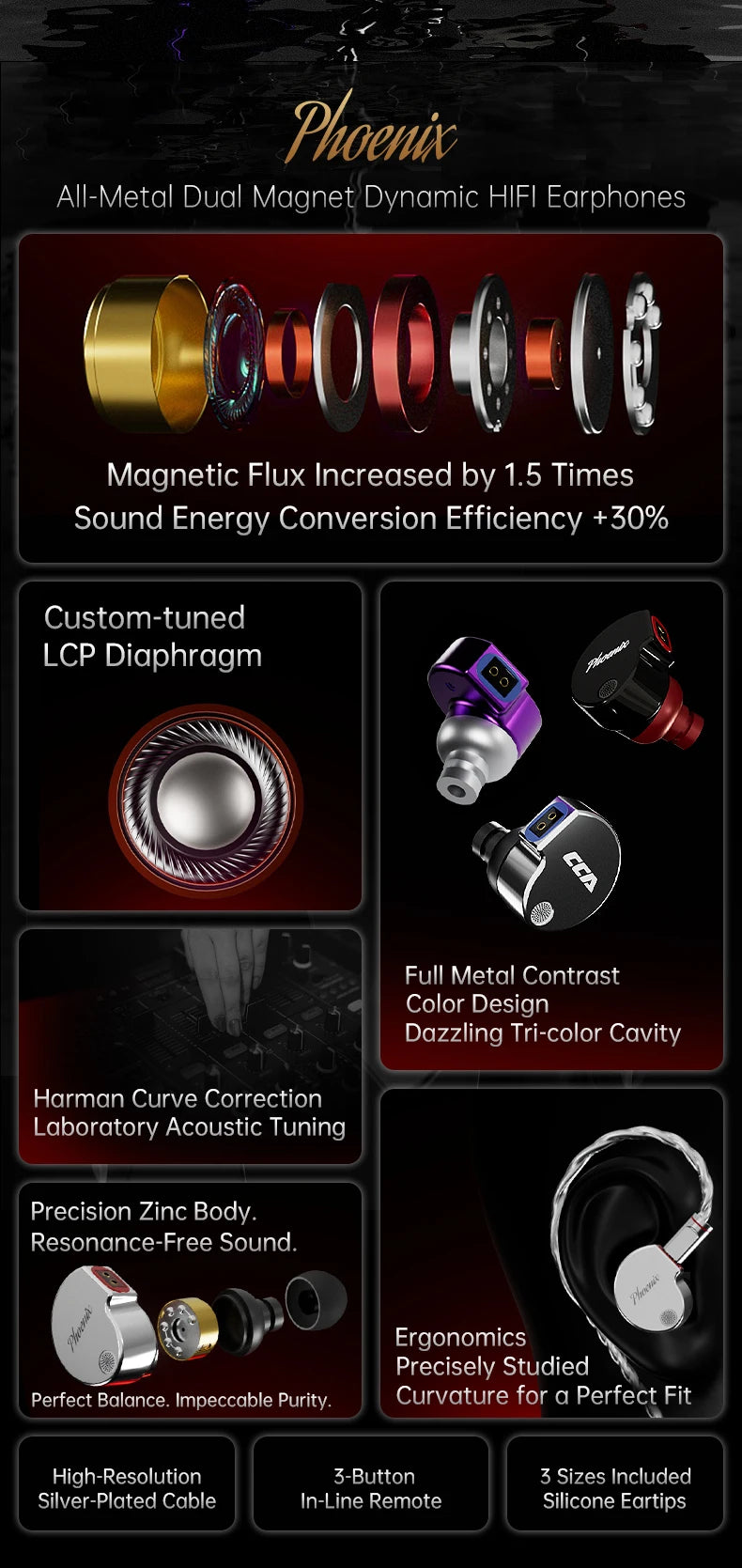 CCA Phoenix Wired Earphones Dynamic Drive LCP Diaphragm Music Headphone With Detachable Cable Noise Reduction Gaming Earphones