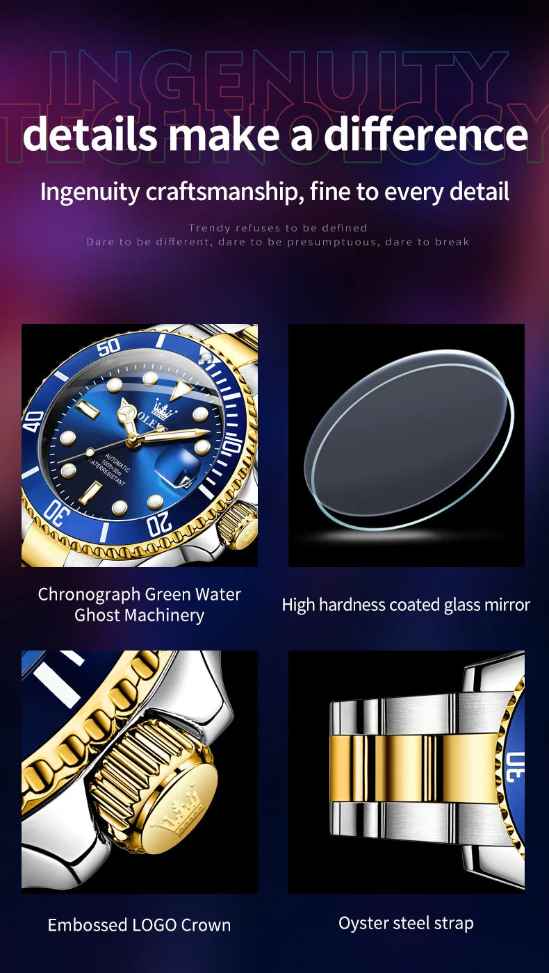 Montre pour homme OLEVS 6650 : montre mécanique automatique classique d'origine pour homme, cadran en zircon, étanche, luminescente, en acier inoxydable