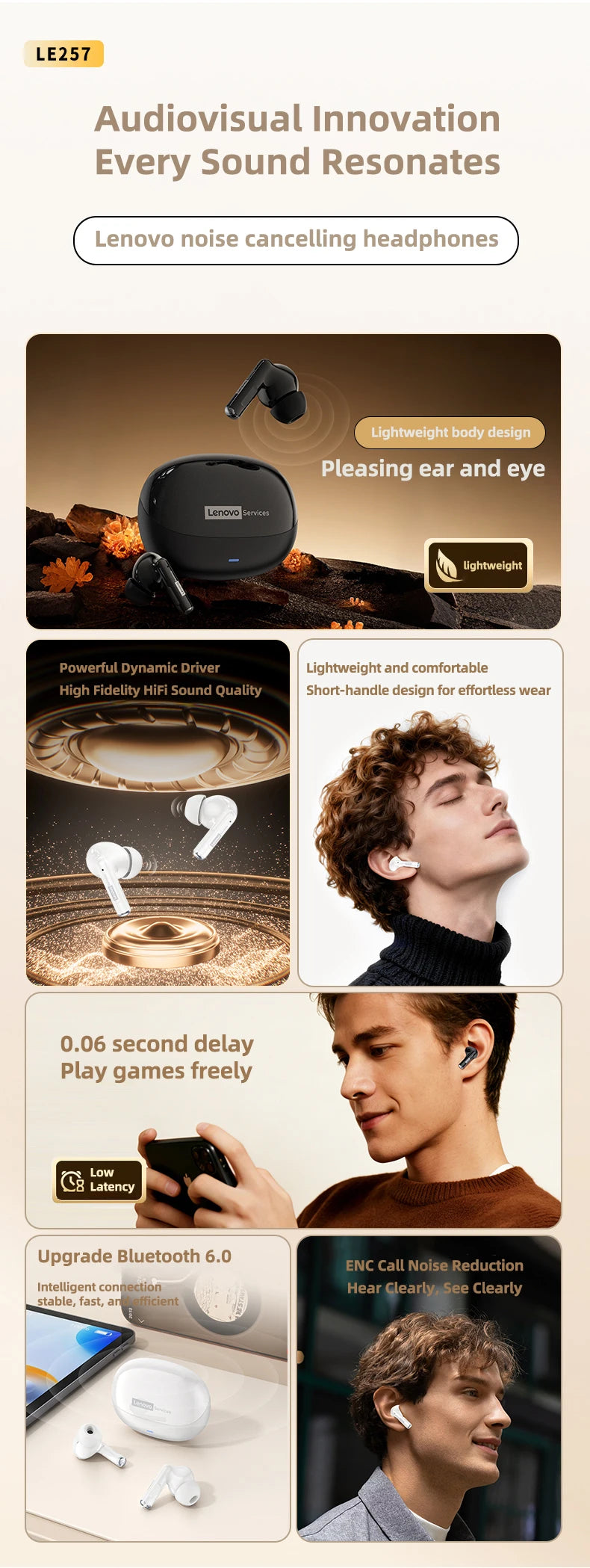 Lenovo LE257 TWS Wireless Bluetooth 6.0 Headphones with HiFi Sound, ENC Noise Reduction, Gaming Earbuds with Mic, Sports Waterproof Headset
