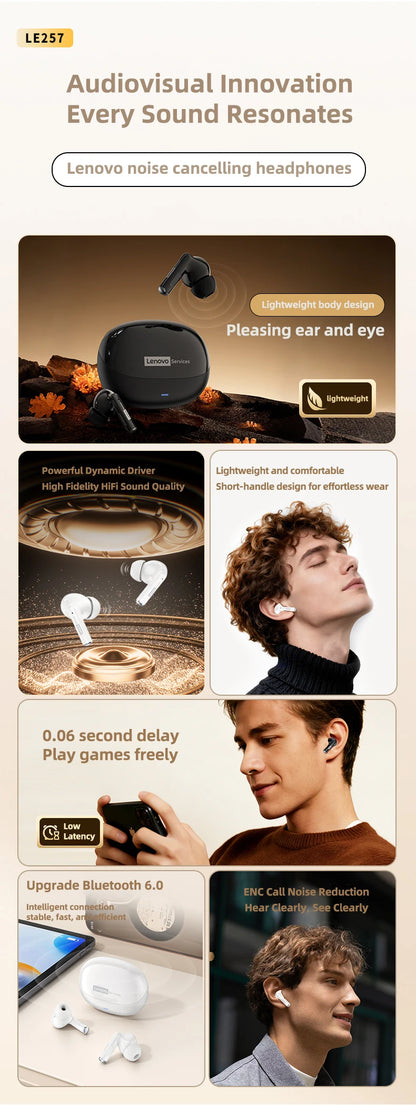 Lenovo LE257 TWS Wireless Bluetooth 6.0 Headphones with HiFi Sound, ENC Noise Reduction, Gaming Earbuds with Mic, Sports Waterproof Headset