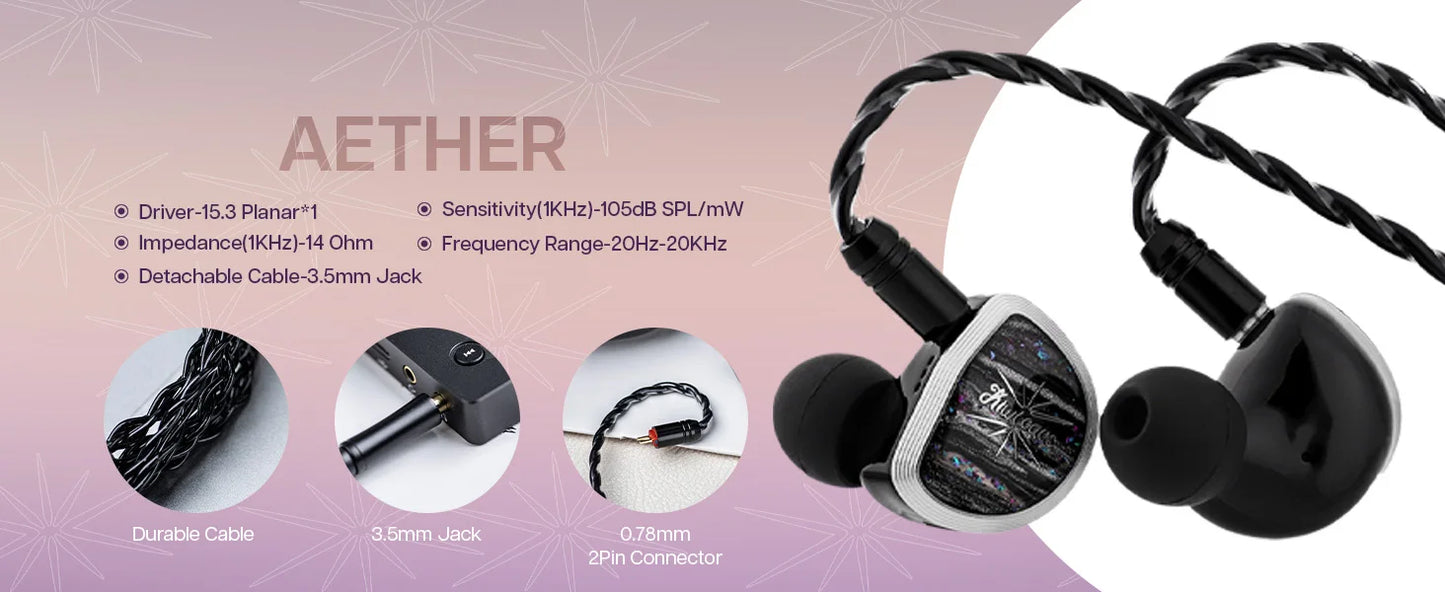 Kiwi Ears Aether HiFi Earphones 15.3mm Planar Driver IEM with Detachable Cable, High-Resolution Wired Earphones for Gaming & Music