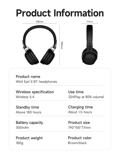 HOCO W64 Retro Bluetooth 5.4 Wireless Headphones with 40mm Deep Bass, PU Leather Over-Ear HiFi Music Headset for Sports & Travel