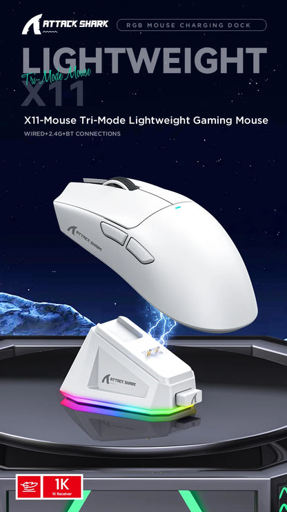 ATTACK SHARK X11 Tri-Mode Wireless Gaming Mouse 22000DPI PAW3311 Sensor Lightweight RGB Mouse with Fast Charging for PC Gaming