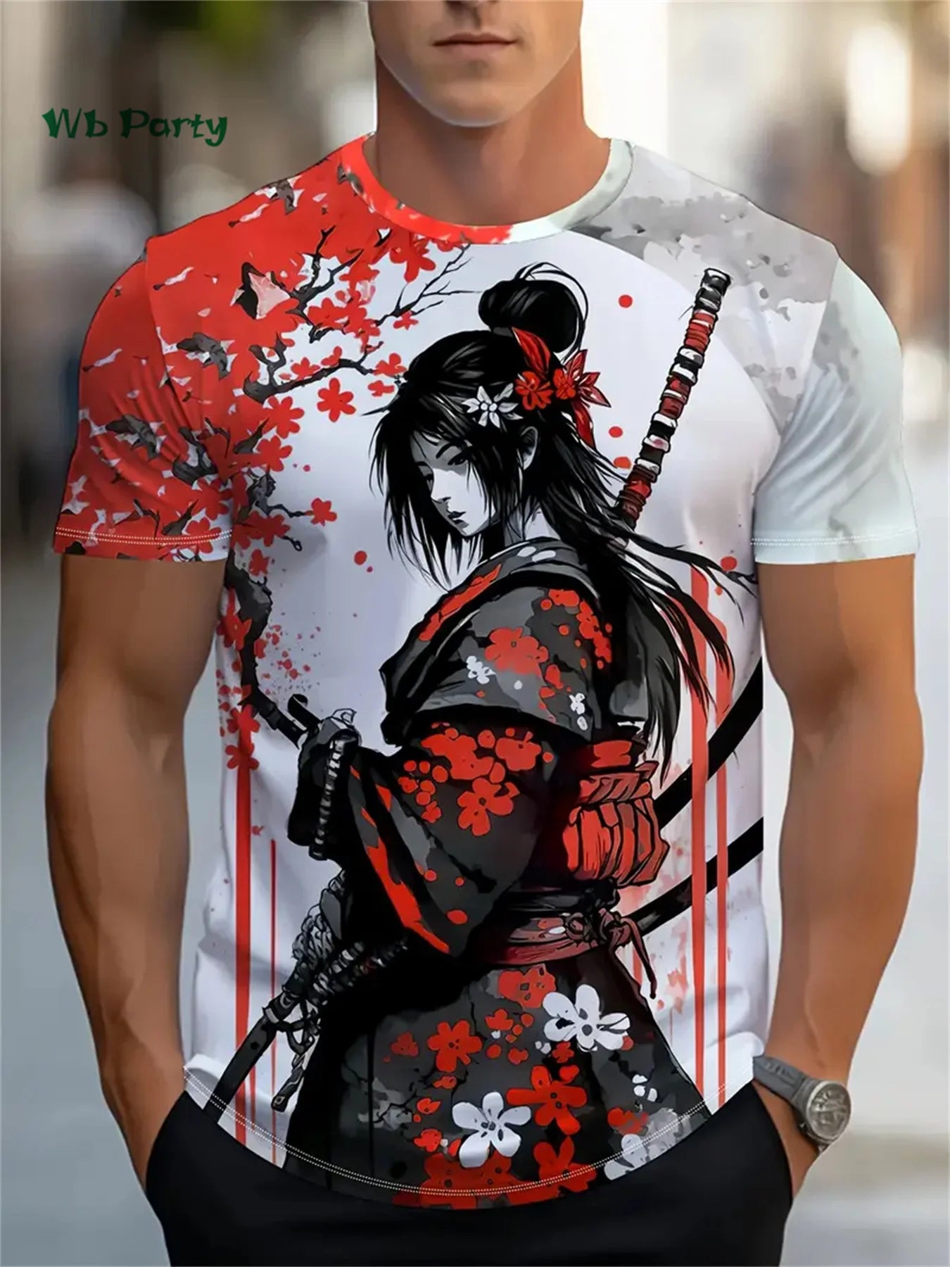 Sakura Samurai Pattern Men's T-Shirt Japanese Anime Short Sleeve T-Shirt Harajuku Tops Summer Men's Oversized Casual Clothing