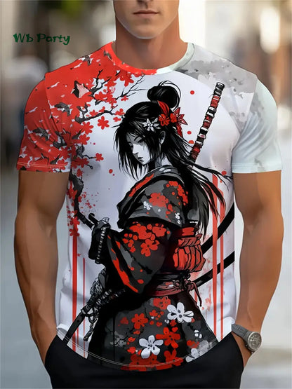 Sakura Samurai Pattern Men's T-Shirt Japanese Anime Short Sleeve T-Shirt Harajuku Tops Summer Men's Oversized Casual Clothing