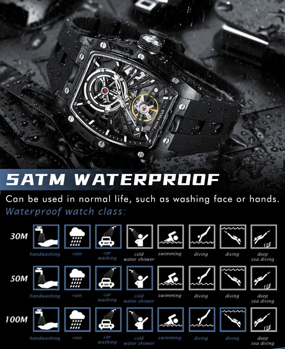 MINI FOCUS Men's Wristwatch Fashion Black Waterproof Automatic Mechanical Watch with Luminous Hands Silicone Strap Tonneau Dial