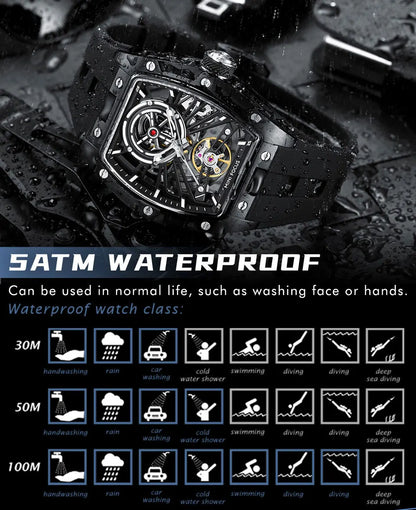 MINI FOCUS Men's Wristwatch Fashion Black Waterproof Automatic Mechanical Watch with Luminous Hands Silicone Strap Tonneau Dial