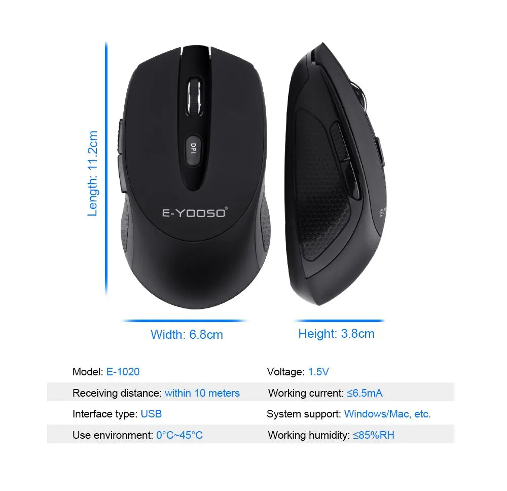E-YOOSO E-1020 Wireless Gaming Mouse 2400 DPI Silent Click Ergonomic USB Mouse for Laptop PC Computer, 2.4G Wireless Optical Mouse