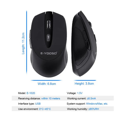 E-YOOSO E-1020 Wireless Gaming Mouse 2400 DPI Silent Click Ergonomic USB Mouse for Laptop PC Computer, 2.4G Wireless Optical Mouse
