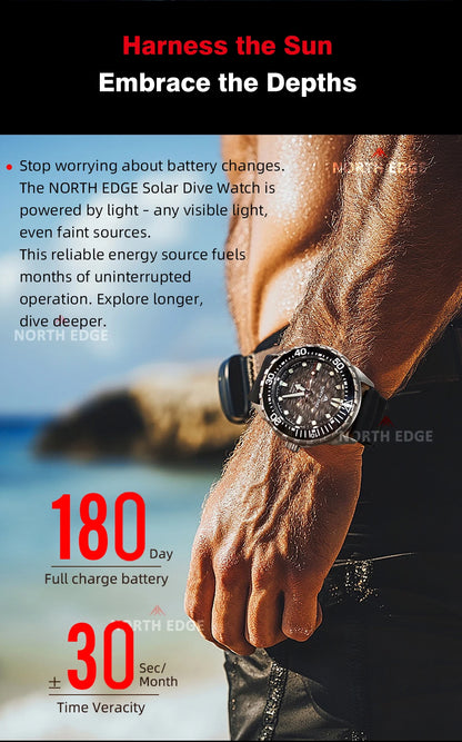 NORTH EDGE TRITON-TI Titanium Stainless Solar-Powered Diving Watch Luxury Quartz Watches For Men 300M Waterproof 180+ Day Power