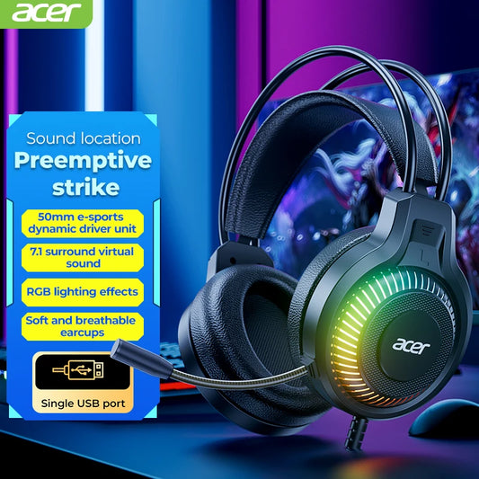 Auriculares gaming RGB con cable y micrófono – Sonido envolvente de baja latencia, iluminación RGB cool, aislamiento de ruido y ajuste cómodo