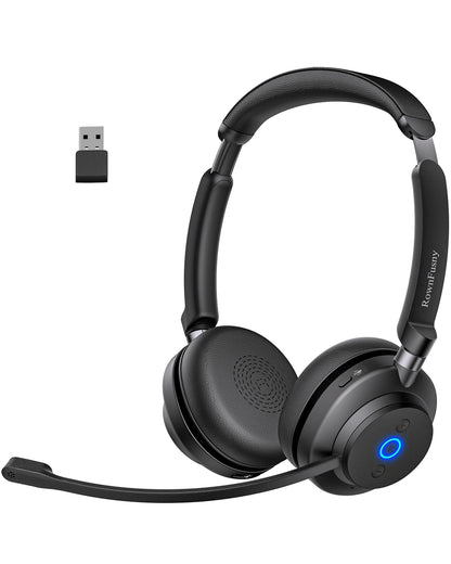 Rownfusny Wireless Headset with Mic for Work Bluetooth Over Ear Headphones USB Dongle for Computer/Remote Work/Call Center