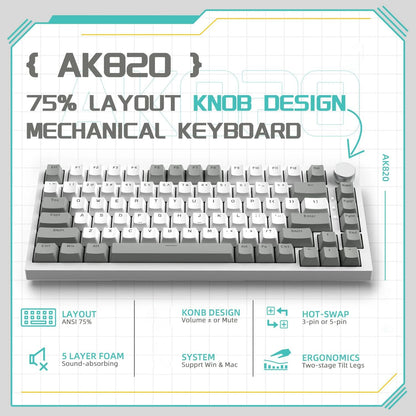 AJAZZ AK820 Mechanical Keyboard Hot-Swappable 82-Key Wired Keyboard with Rotary Volume Knob for Office, Gaming & Home