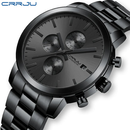 Relógio para homem CRRJU – Cronógrafo em aço inoxidável, estanque, com indicador de data, movimento analógico de quartzo, estilo elegante e profissional