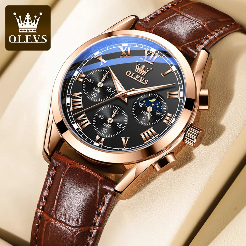 Montre à quartz pour homme OLEVS 2871 – Modèle de grande marque, étanche, style business, avec affichage des phases de lune, aiguilles luminescentes et bracelet en cuir.