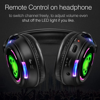 Silent Disco Wireless Headphones RF LED DJ Party Headset 863–865MHz/915MHz with 3-Channel LED Lighting & 10H Battery