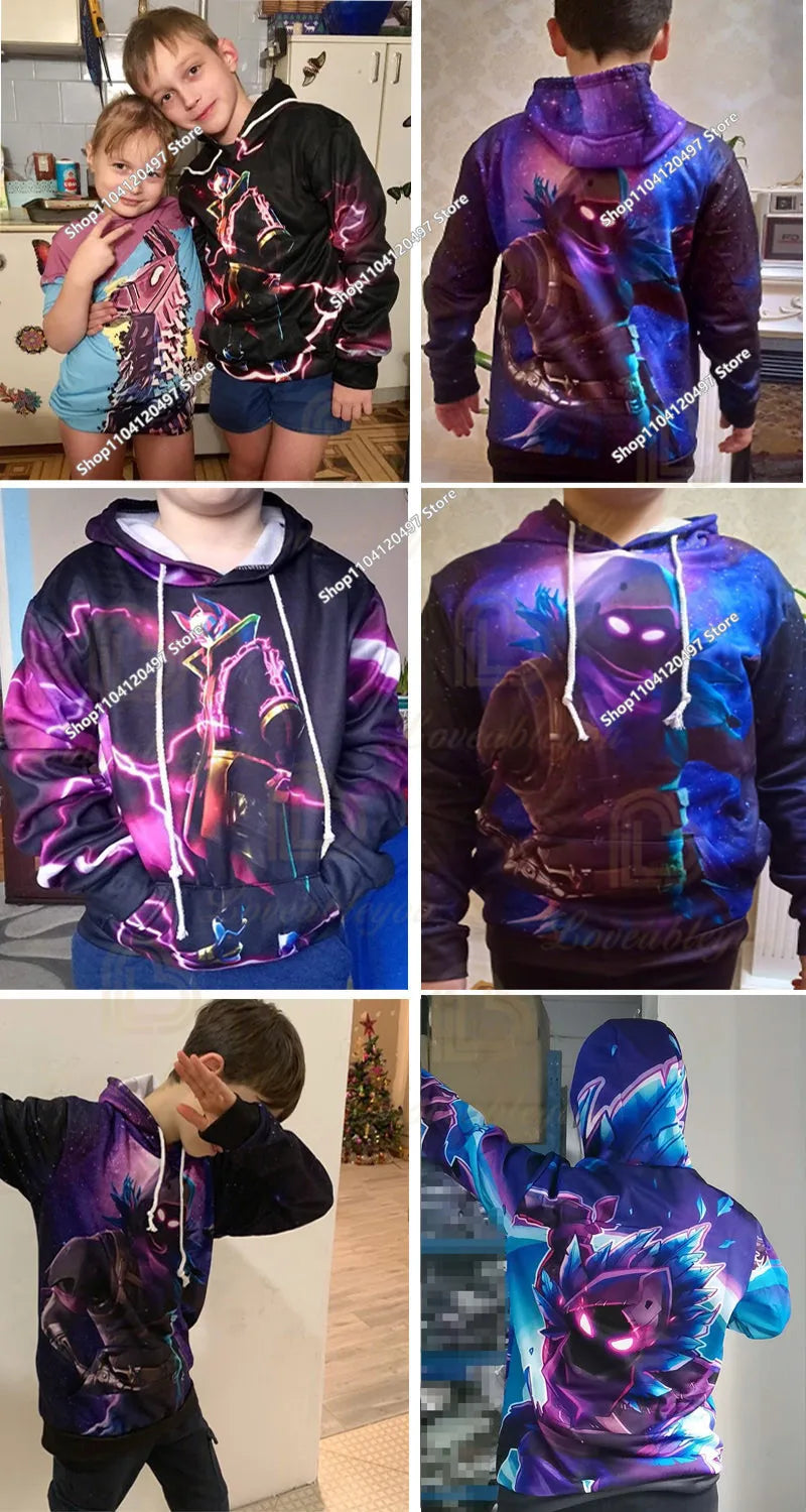 Sweatshirts com capuz para rapaz e rapariga Fortnite, pullover infantil com impressão 3D, sweatshirts com capuz Battle Royale para homem, moda de outono, roupa infantil
