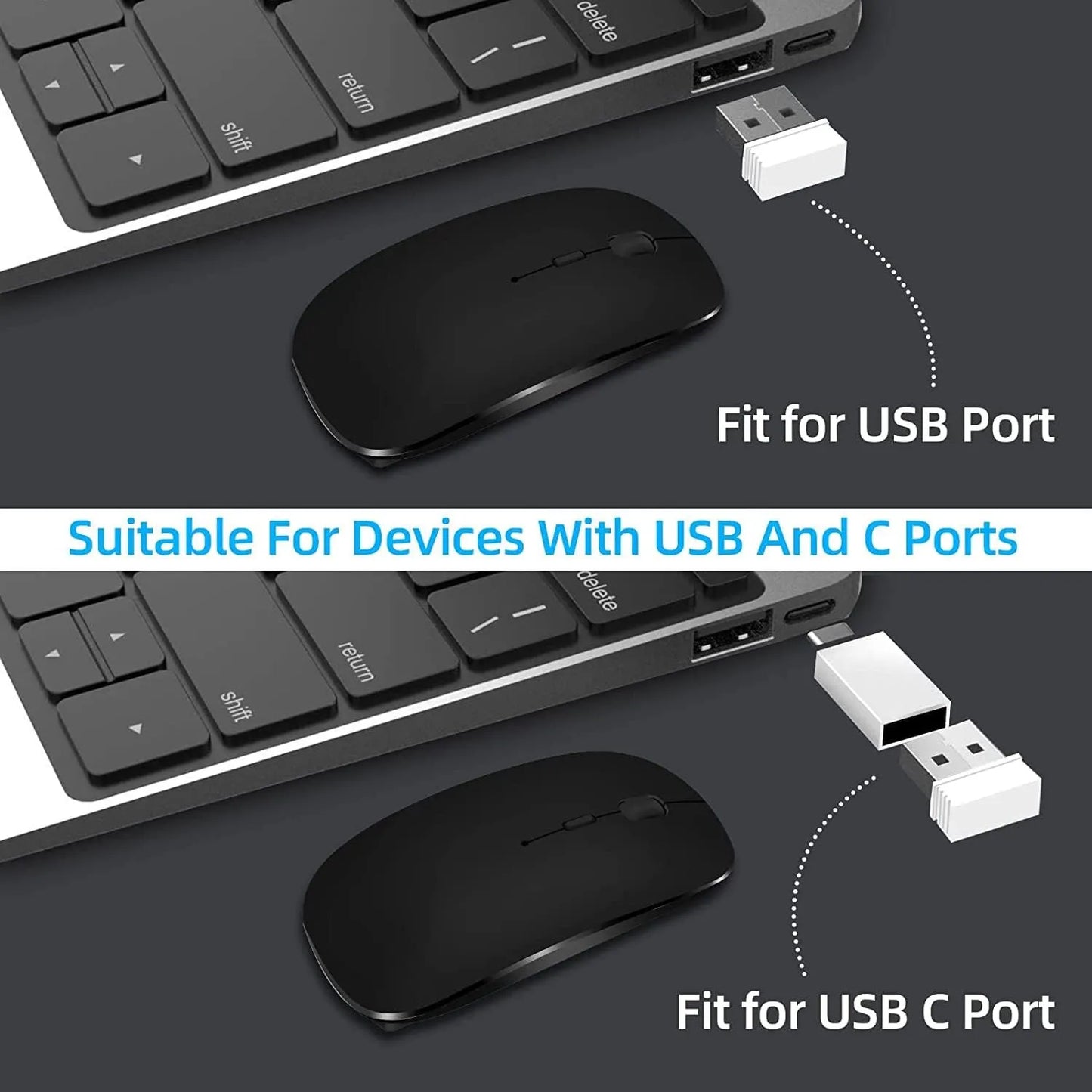 Ladattava langaton hiiri kahdella yhteystilalla, Bluetooth-yhteensopiva 2.4G USB -tietokonehiiri kannettavalle, iPadille, tabletille ja pelikäyttöön