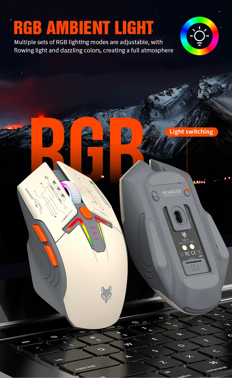 XUNSVFOX H2 trådlös Bluetooth-mus med dubbla lägen, RGB-belysning, för laptop, gaming och kontor, magnetisk laddning