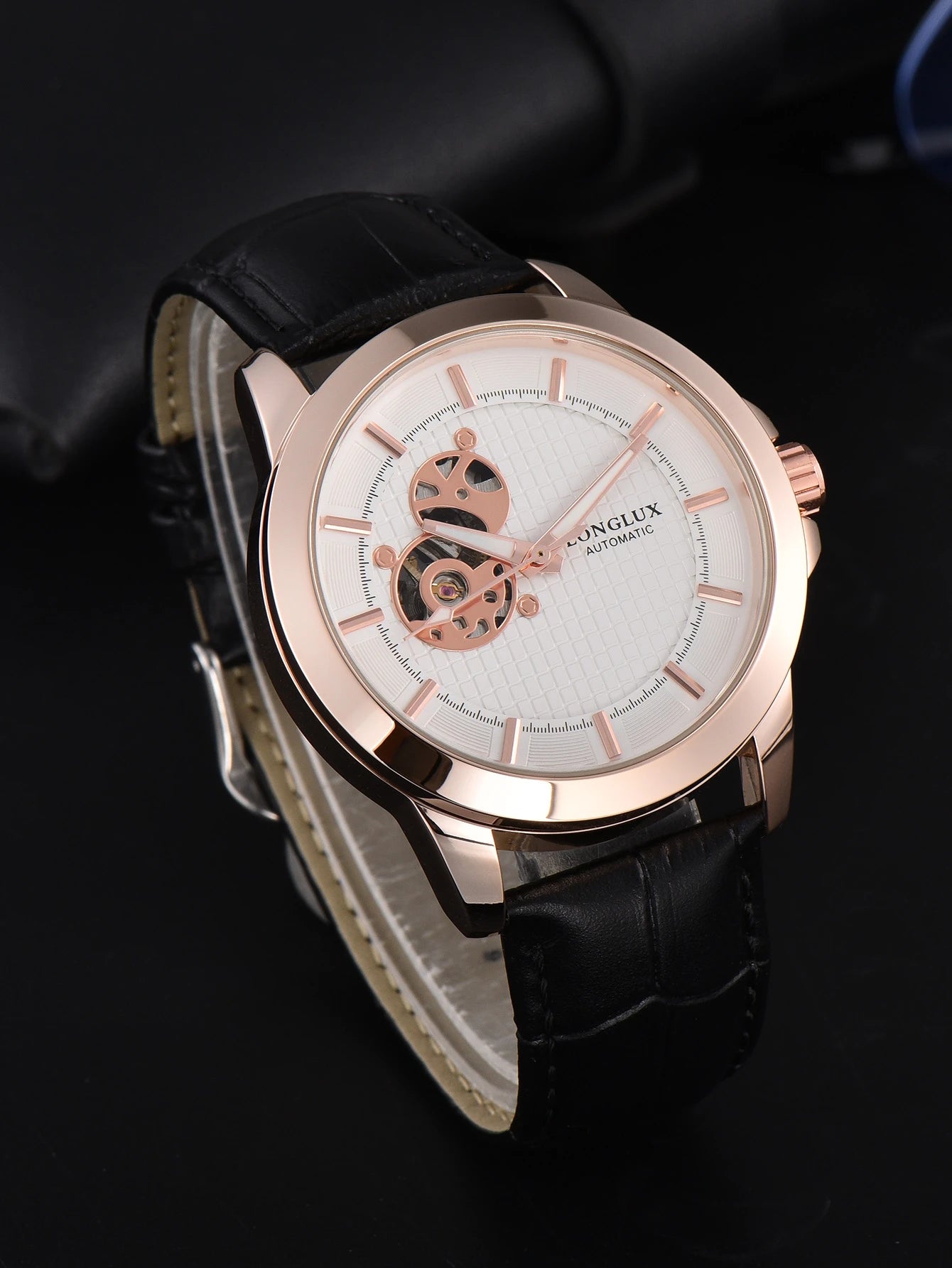 Automatic Watch Minimalist Elegant Everyday Skeleton Waterproof Mechanical Watches Rose Gold Leather Mens Watch Men Gift for Him