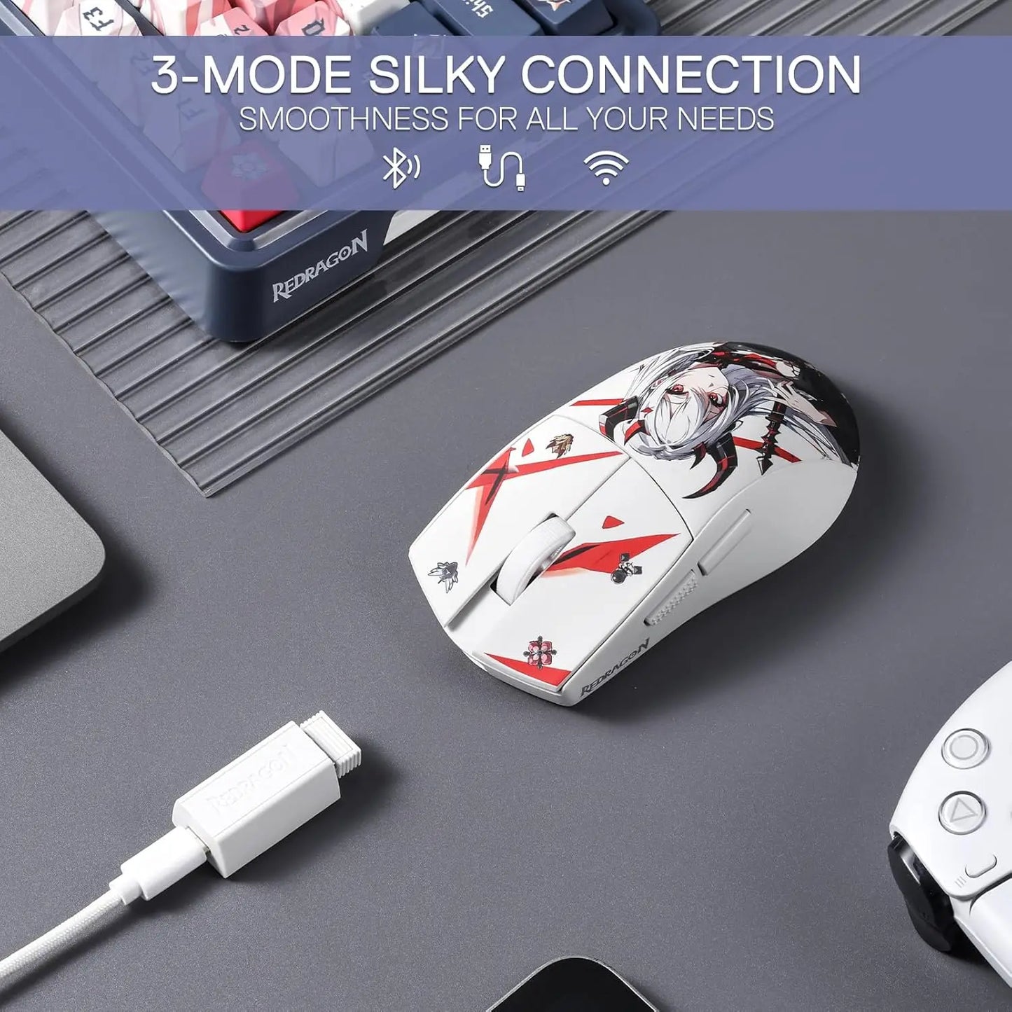 Redragon M916AK PRO 3-Mode Ultra-Light Wireless Gaming Mouse, 26K DPI Anime Gaming Mouse with PixArt 3395 Sensor, Programmable RGB Gaming Mouse