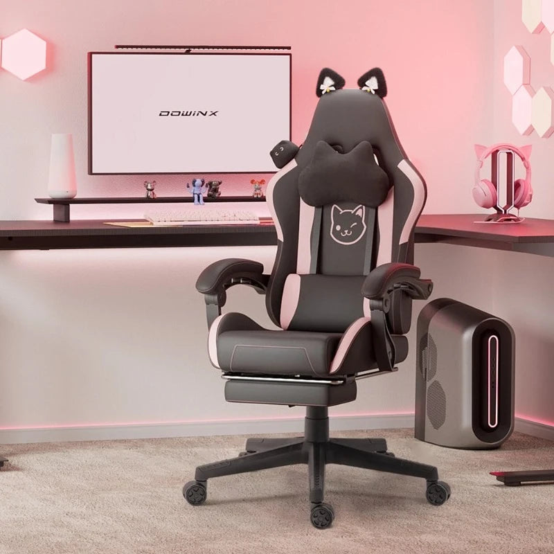 Uroczy fotel gamingowy z kocimi uszami i podnóżkiem, różowy fotel komputerowy kawaii, ergonomiczne siedzisko dla gracza z wysokim oparciem i podparciem lędźwiowym w kształcie kociej łapki