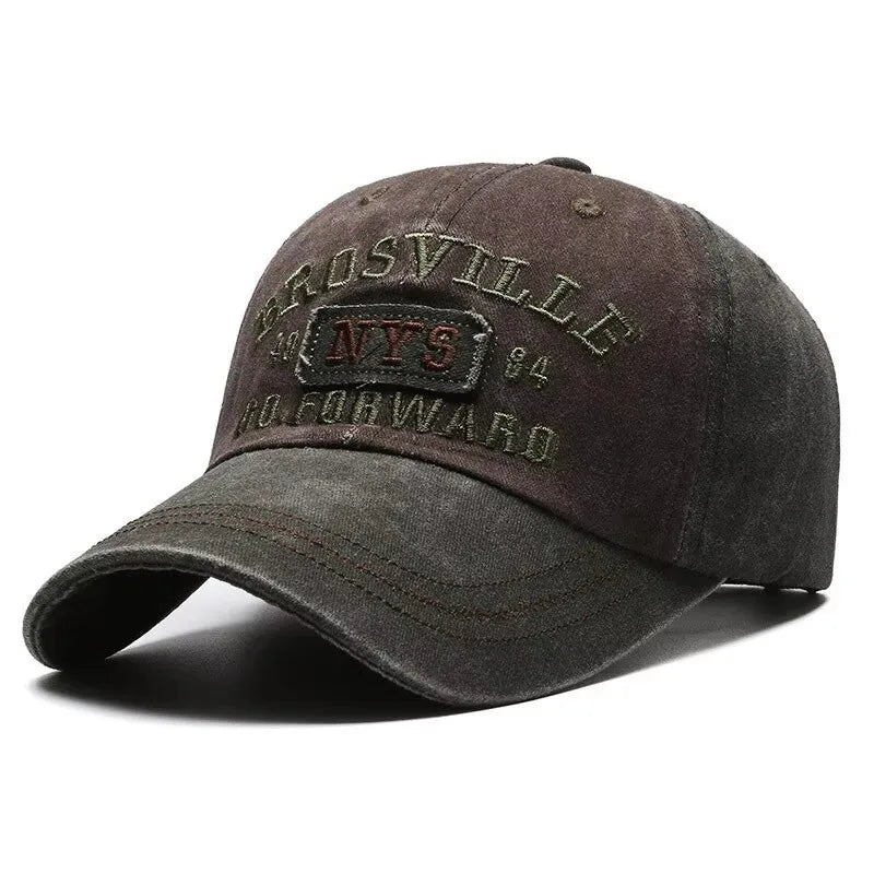 Cappellino da baseball da uomo Four Seasons, stile casual, in cotone lavato con effetto invecchiato, con lettere ricamate, visiera piegata, forma a cupola, cappellino casual per la protezione dal sole