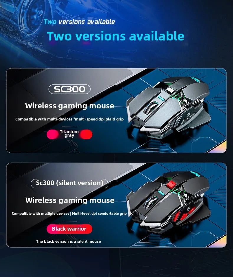 SC300 Wireless Mechanical Gaming Mouse, Rechargeable RGB Gaming Mouse with Adjustable DPI, Silent Ergonomic Wireless Mouse for PC, Laptop & Tablet