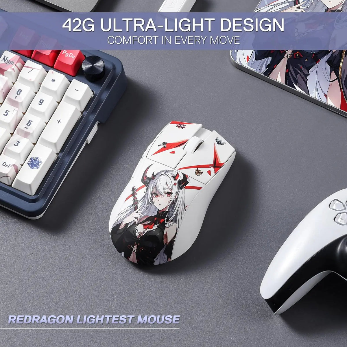 Redragon M916AK PRO 3-Mode Ultra-Light Wireless Gaming Mouse, 26K DPI Anime Gaming Mouse with PixArt 3395 Sensor, Programmable RGB Gaming Mouse