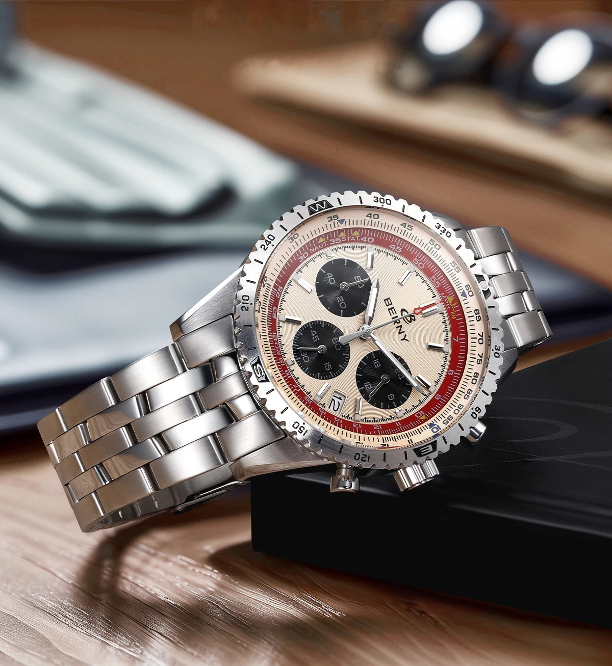 Męski zegarek chronograf BERNY – wielofunkcyjny zegarek kwarcowy w stylu lotniczym, wyposażony w datownik, szafirowe szkło i doskonałą luminescencję – luksusowy męski zegarek na rękę