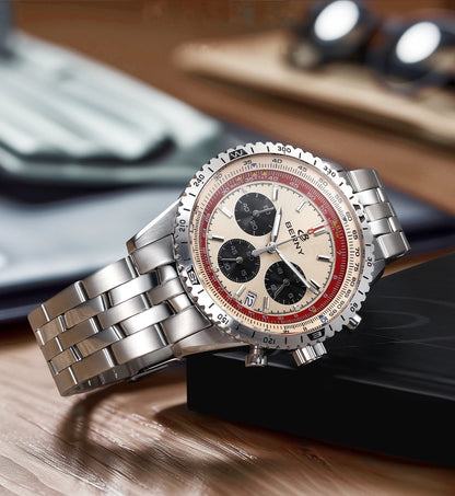 Męski zegarek chronograf BERNY – wielofunkcyjny zegarek kwarcowy w stylu lotniczym, wyposażony w datownik, szafirowe szkło i doskonałą luminescencję – luksusowy męski zegarek na rękę